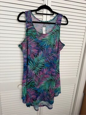 Women’s Tropical Leaf Print Swim Cover-Up in Teal & Purple Size XL 14/16